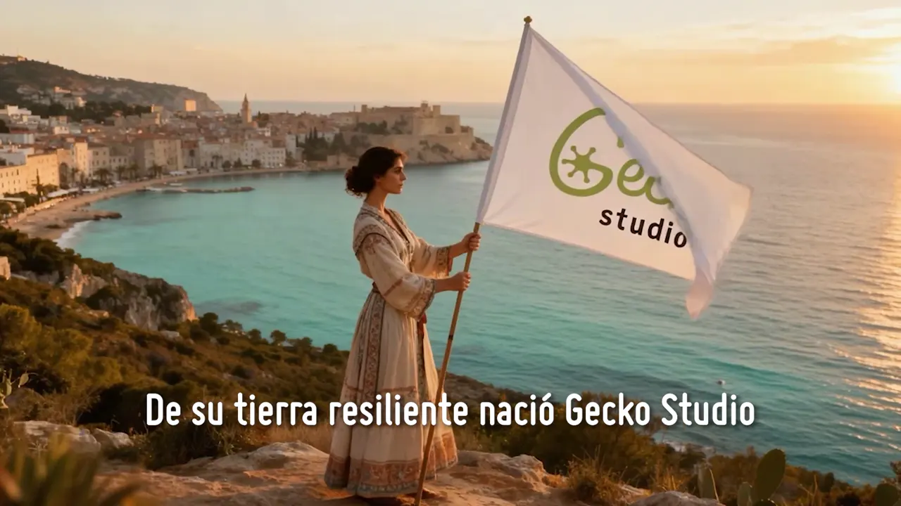 Bandera de Gecko Studio frente a la bahía de Ibiza