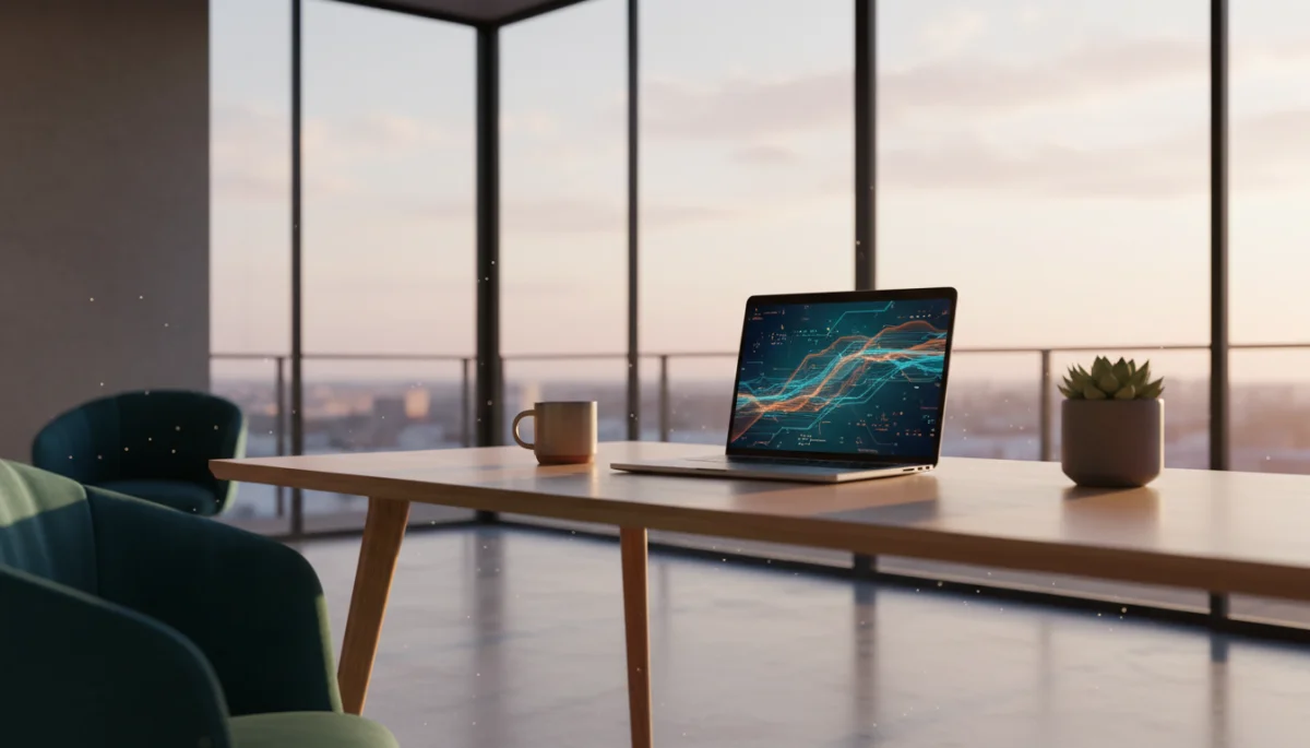 Espacio de trabajo al amanecer con datos en pantalla, ilustrando el Core Update de marzo 2026