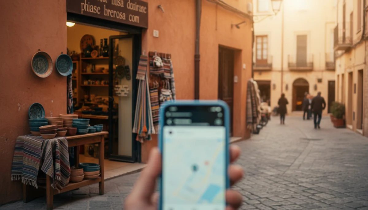 Comercio local en calle mediterranea con smartphone, contraste entre Local SEO y AEO en 2026