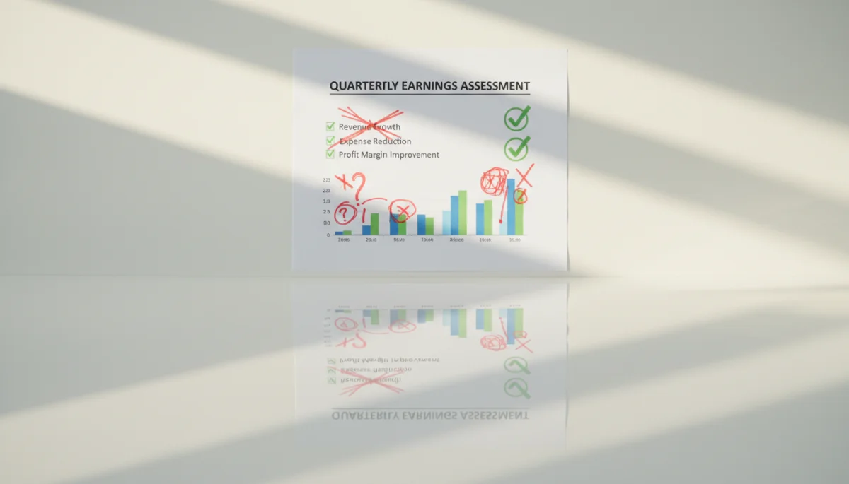 Overhead photograph of a professional printed financial report on a clean white desk. The document looks impeccable with g...