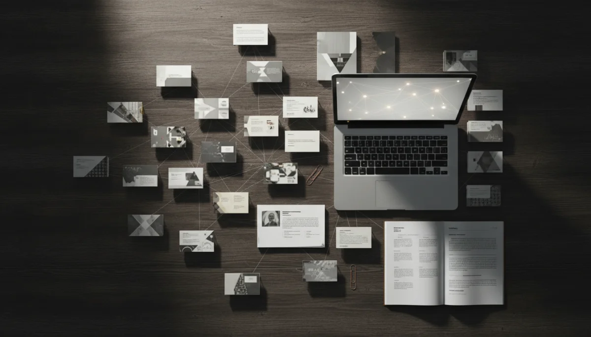 Documentos profesionales y portatil interconectados sobre mesa oscura, simbolizando el SEO de entidad