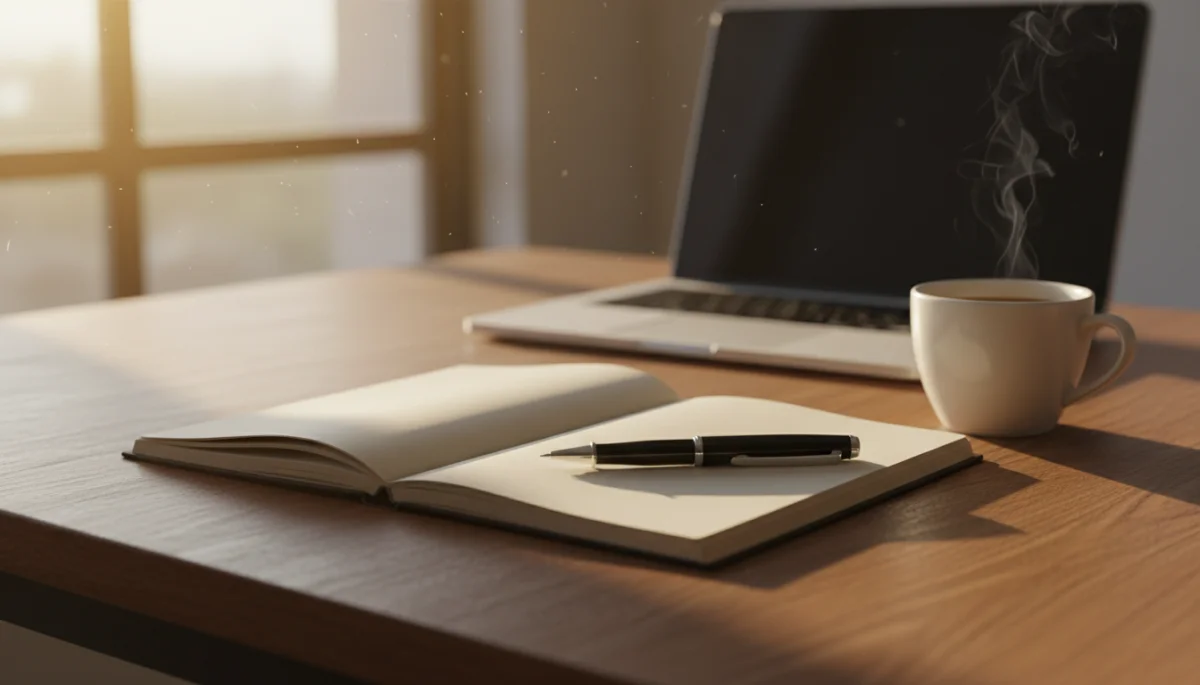 Cuaderno abierto y cafe sobre escritorio de madera, evocando el archivo de contexto para IA