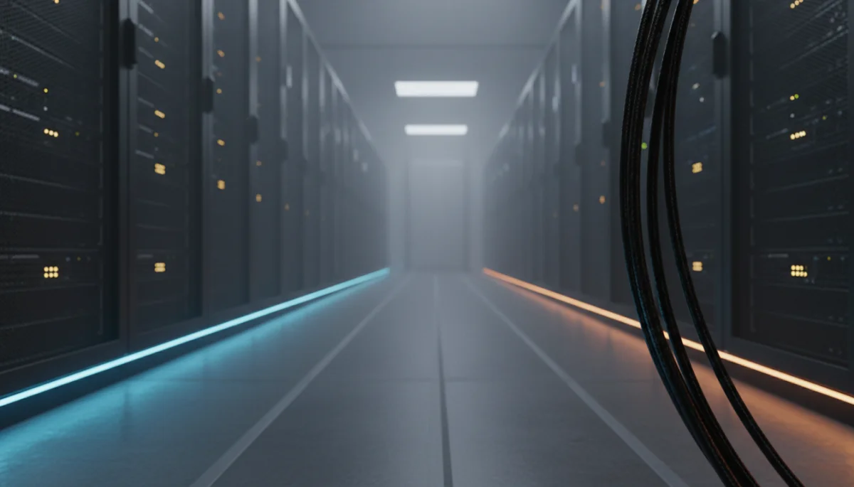 Corredor de centro de datos con cableado iluminado, representando los bots de IA que visitan tu web