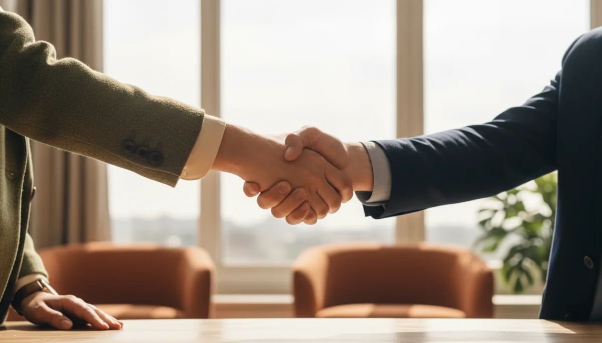Apreton de manos profesional bajo luz natural, simbolizando la confianza como factor de ranking