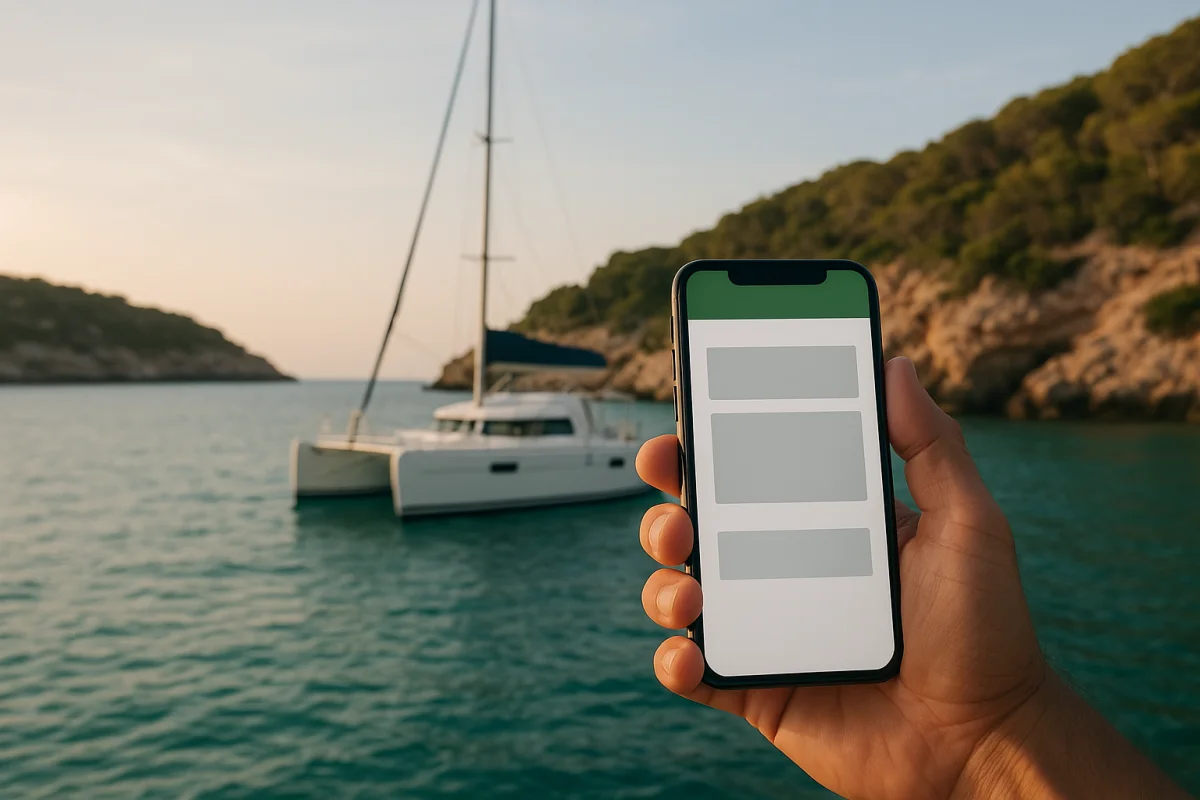Catamarán anclado en una cala de Ibiza, con un primer plano de una mano que sostiene un smartphone mostrando una interfaz ...