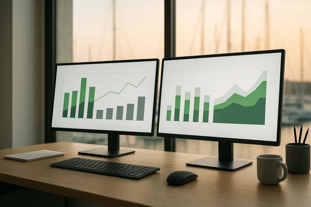 Escritorio de diseño con monitores que muestran gráficos abstractos, mientras se aprecian mástiles de yates al fondo