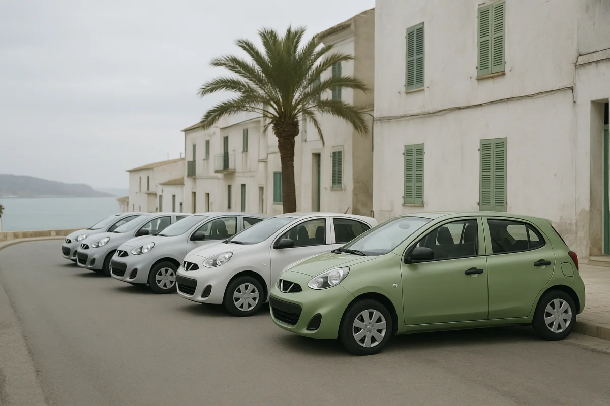 Pequeña fila de coches de alquiler compactos en una tranquila carretera costera de un pueblo mediterráneo, sin actividad