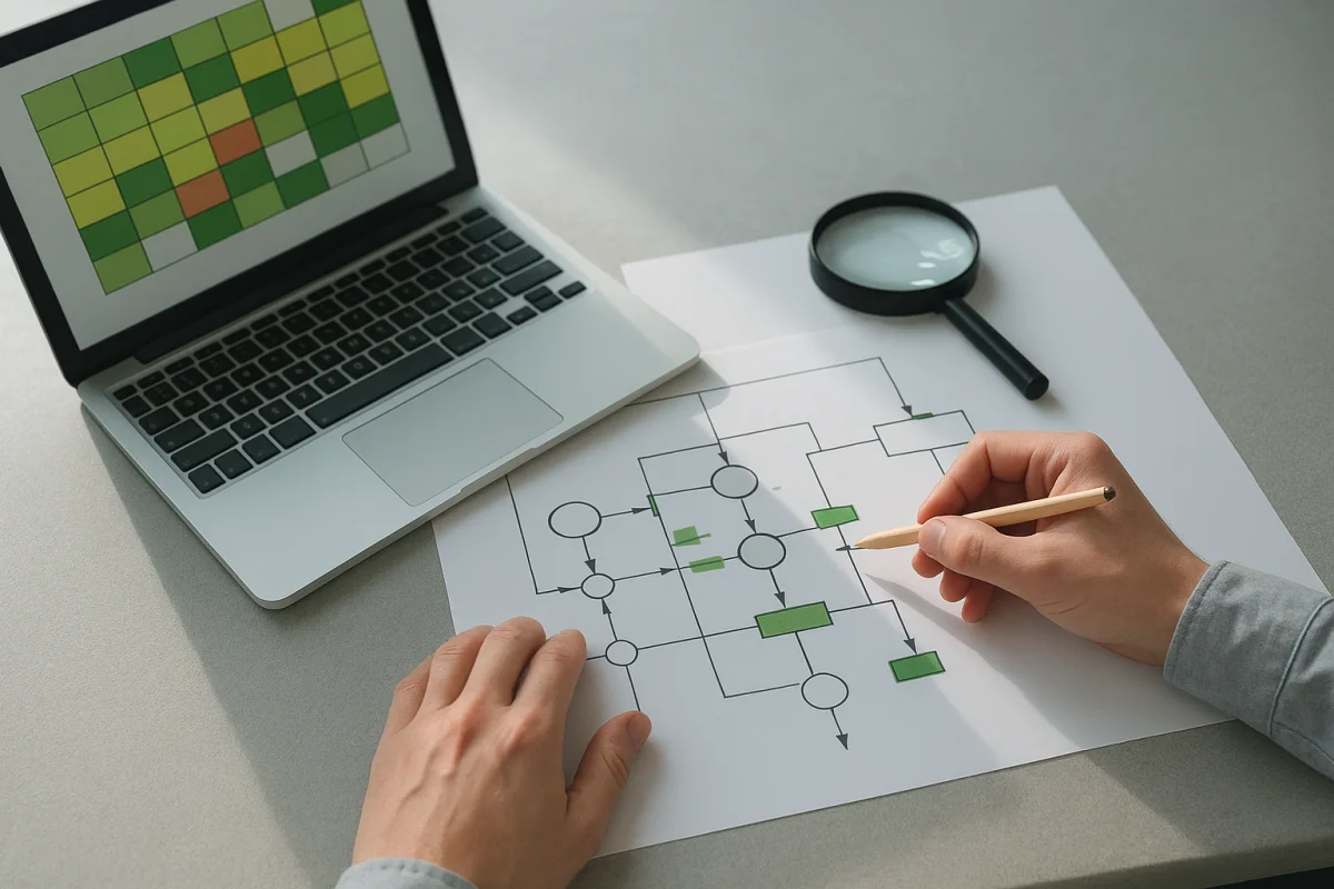Plano cenital de una auditoría técnica, con un portátil, un diagrama anotado a mano y una lupa sobre una mesa iluminada