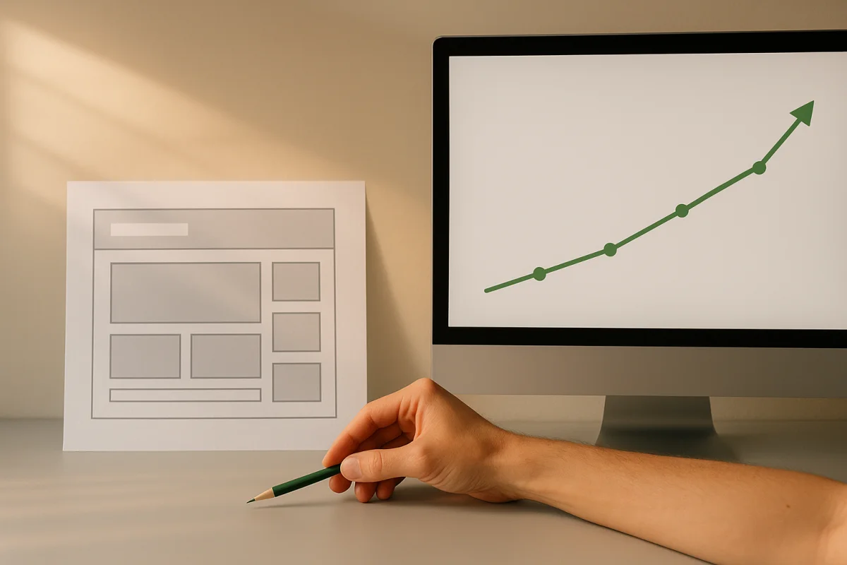 Dividido en un escritorio, un boceto de wireframe a la izquierda y una gráfica ascendente en un monitor a la derecha