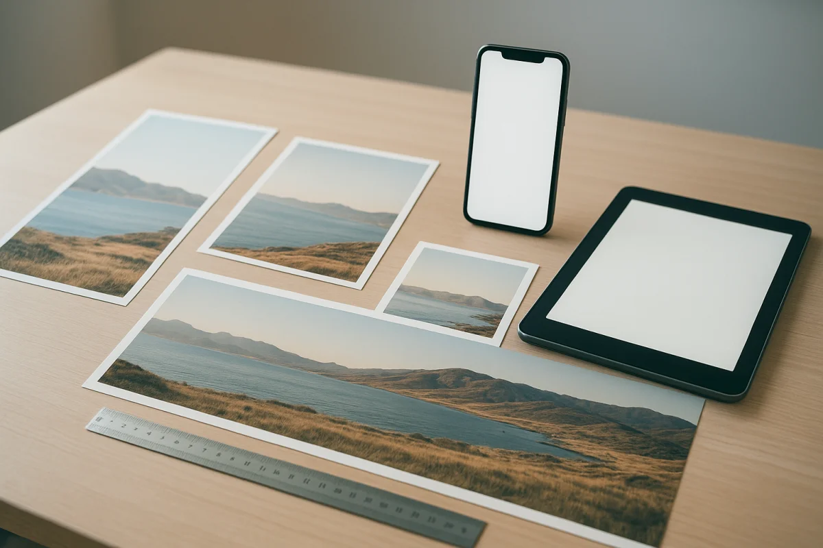 Mesa de trabajo con copias impresas de una misma foto recortadas en vertical, cuadrado y panorámico, junto a un móvil y una tableta con marcos vacíos