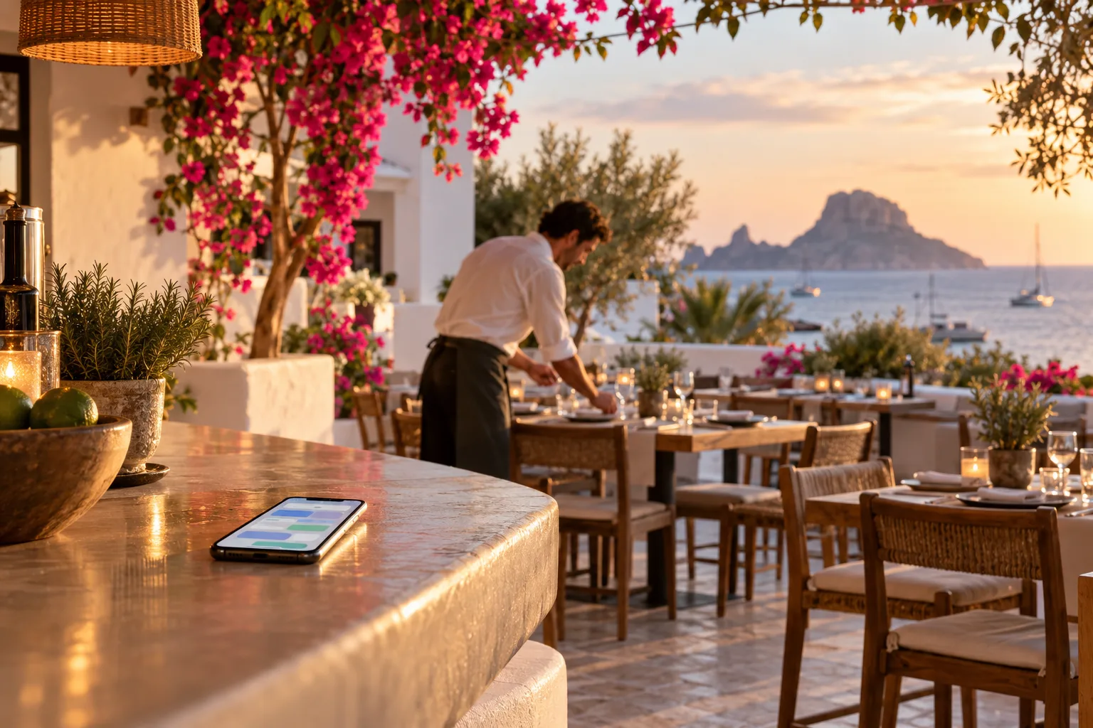 Terraza de un restaurante en Ibiza con el móvil recibiendo reservas y mensajes