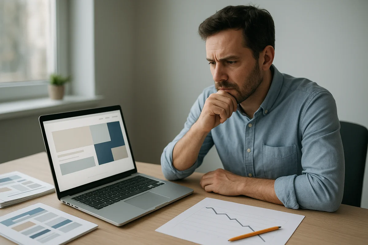 Responsable de un negocio mira su web recién rediseñada junto a un gráfico impreso de visitas que baja