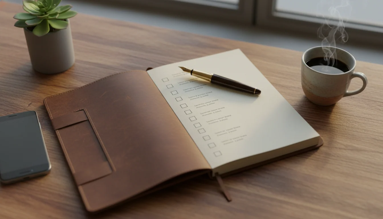 Cuaderno abierto con checklist de 8 preguntas antes de crear una web con IA