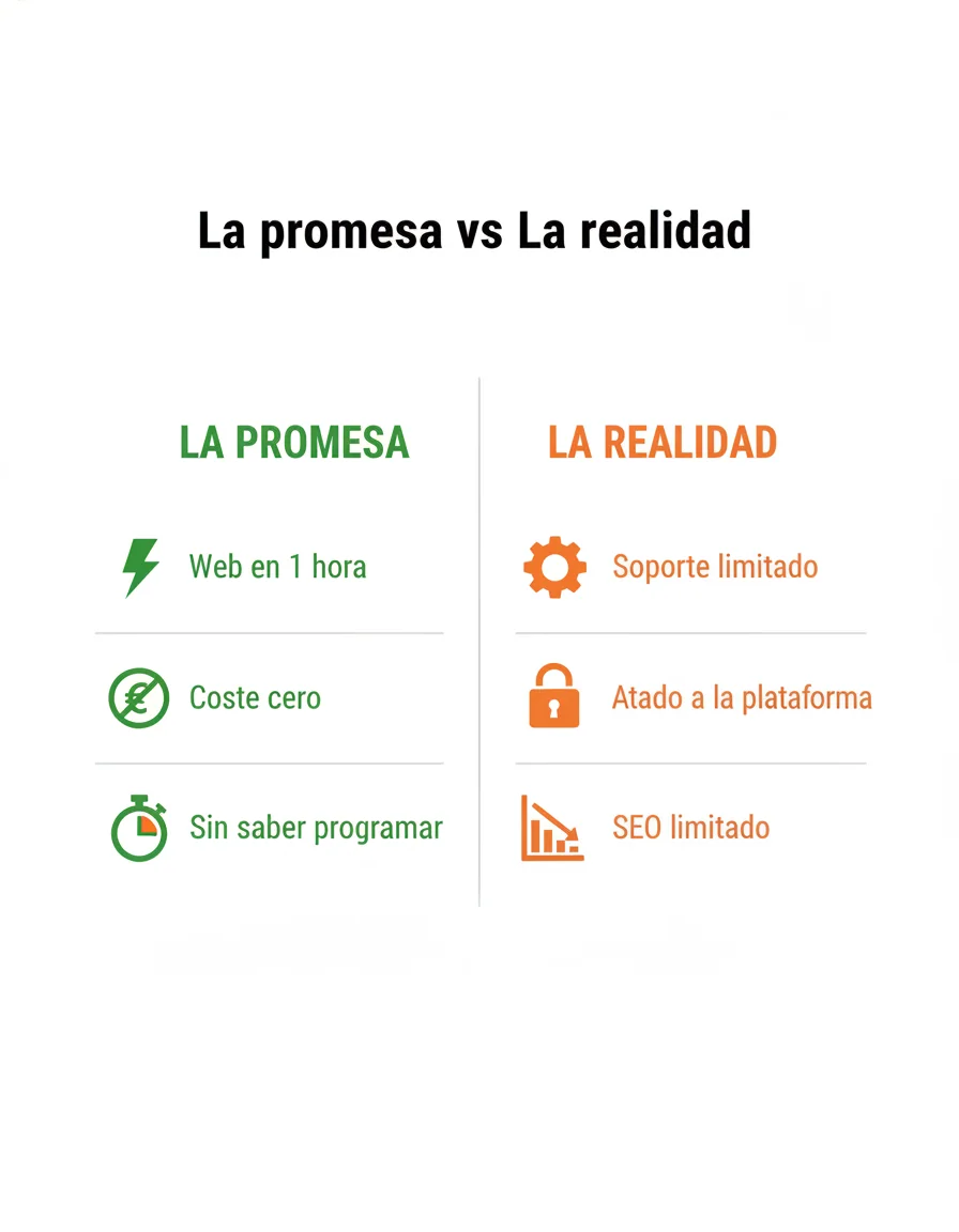 Infografía promesa vs realidad de las plataformas de creación web con IA