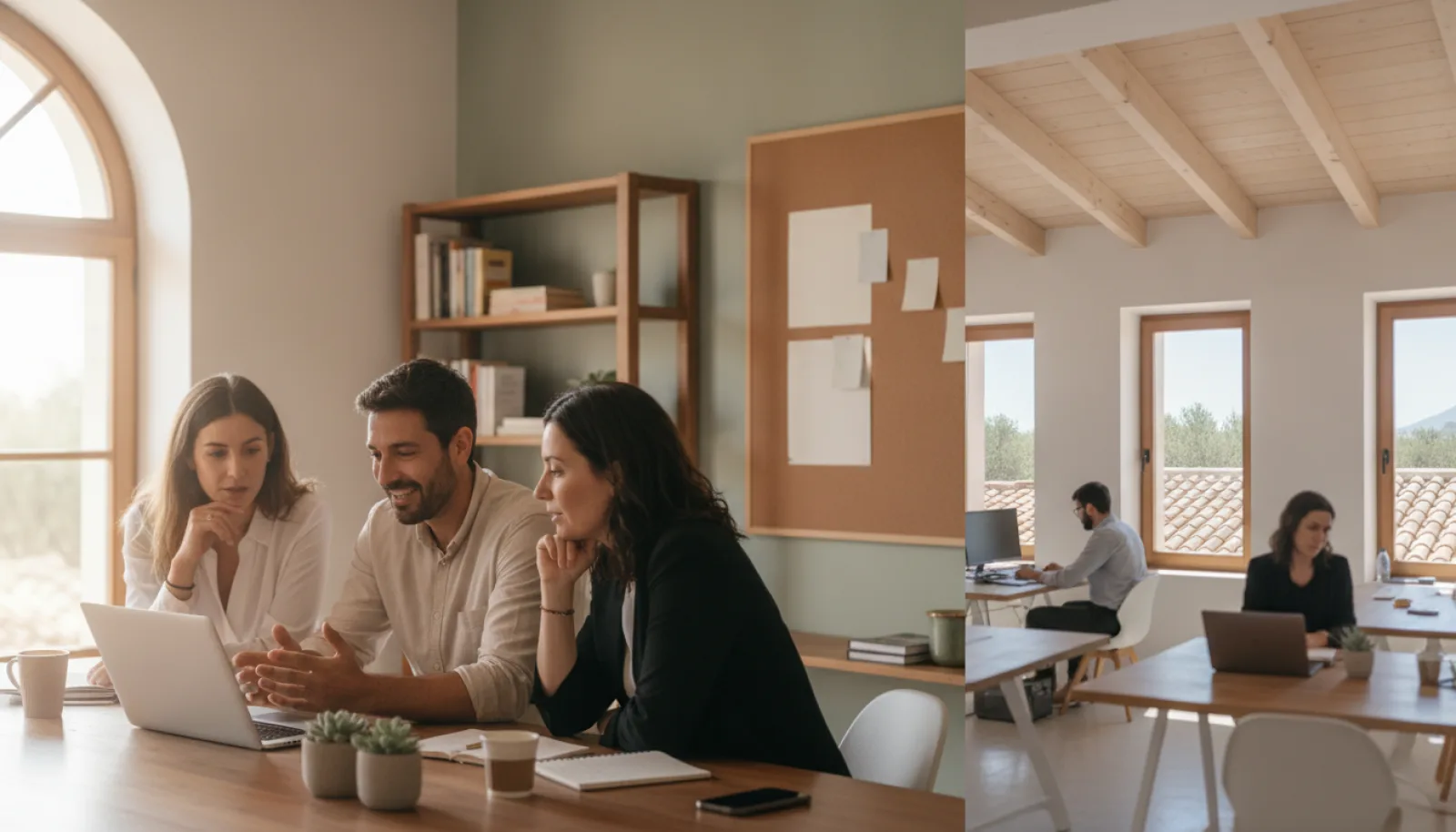 Un freelance trabajando solo frente a un pequeño equipo colaborando alrededor de un portátil