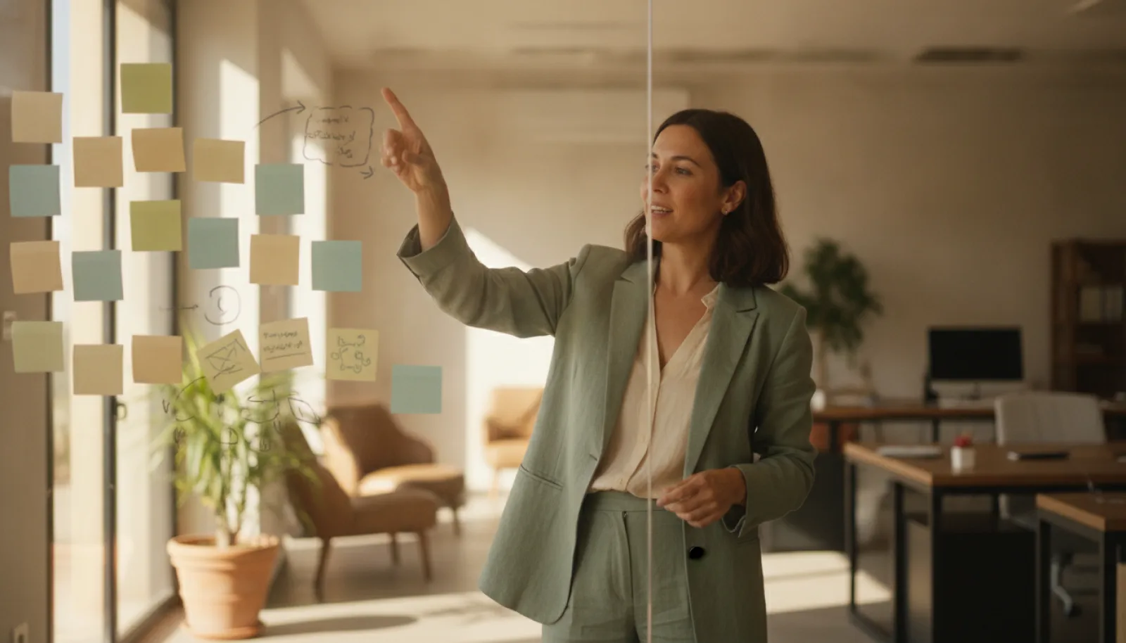 Un consultor SEO explica una estrategia con diagramas y notas adhesivas en una pared de cristal